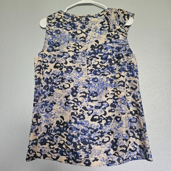 CAbi 100% Silk Top Women's SZ Medium Ruffles Tan/Blue Animal Print Office Party - Picture 2 of 8
